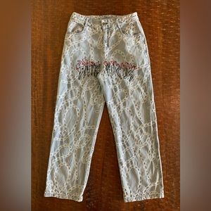 Fair Focus Men’s Size Large 30x28.5 Light Blue Flame 🔥 & Chain Pattern Jeans